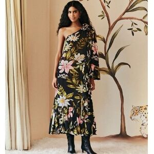 NEW FARM Rio Black Surreal Flowers One Shoulder Ruffled Maxi Dress Rosette XL